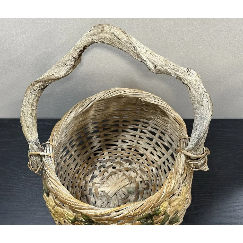 Vintage Wicker Basket Twig Handle 3D Yellow Flower Boho Cottagecore Gathering